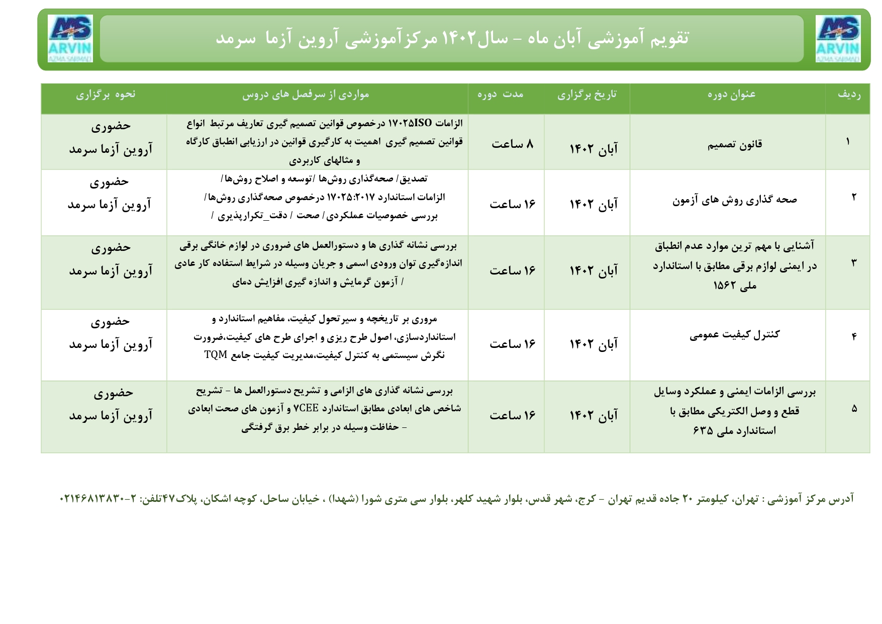 تقویم آموزشی آبان ماه آزمایشگاه و مرکز آموزشی آروین آزما سرمد